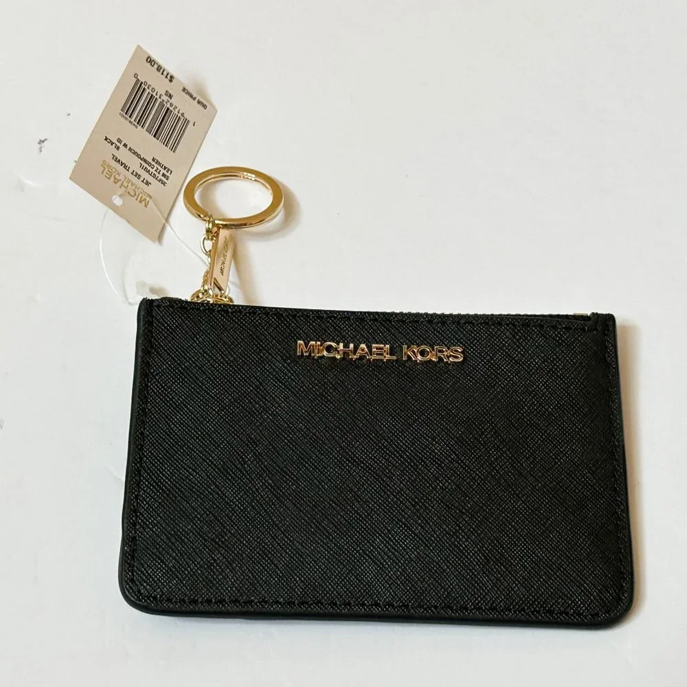 Michael Kors Jet Set Travel Small Top Zip Coin ID Key Holder Wallet Black_3